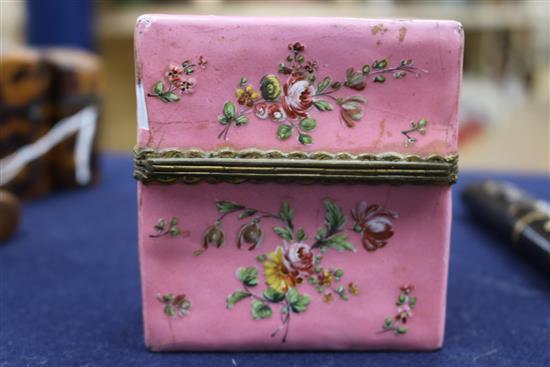 Two tortoiseshell etuis, a tortoiseshell case, a 19th century walnut snuff box and and enamel porcelain etui